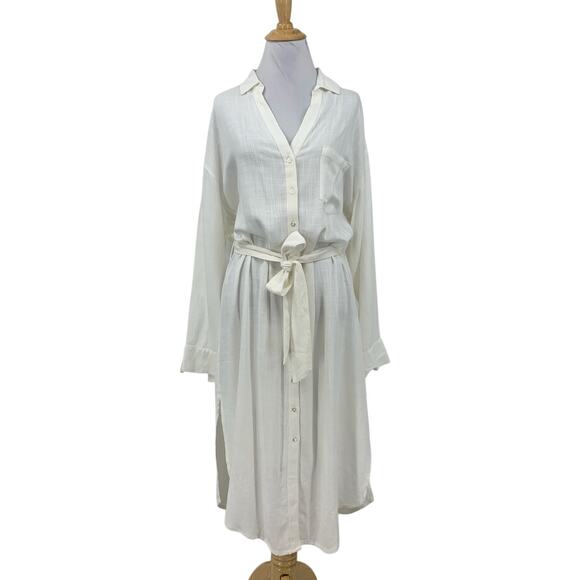 L Space Dress Women M Medium Cream Barcelona Tie Waist Collar Button Front - Picture 1 of 16